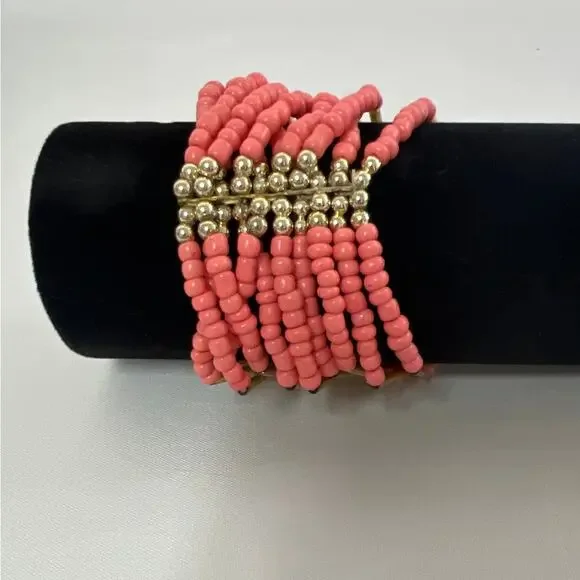 Multi-Strand Pink Beaded Stretch Cuff Style Bracelet - Picture 2 of 4